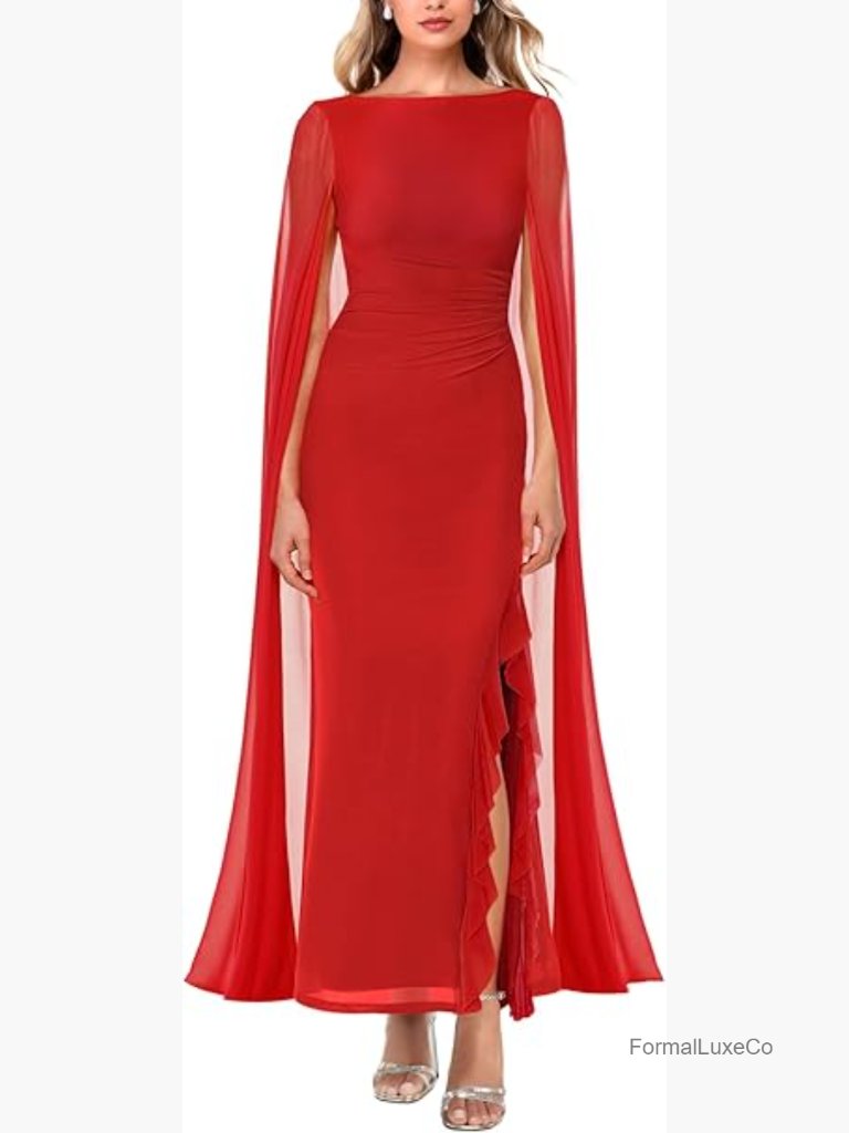 Long Sleeve Mesh Cape Maxi Dress Bodycon Ruched High Split Formal Party